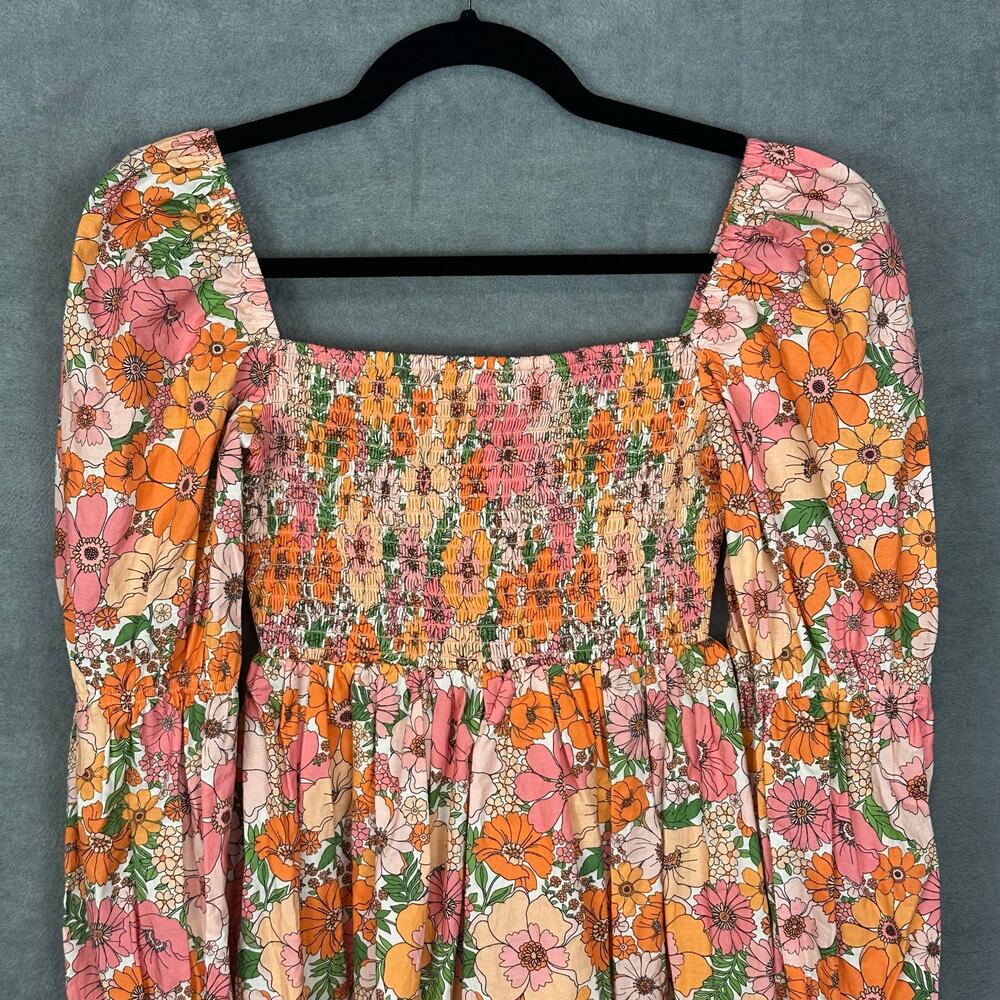 Gianni Bini Dress Womens Extra Small Orange Floral Smocked Babydoll Cottage Boho - Picture 2 of 11